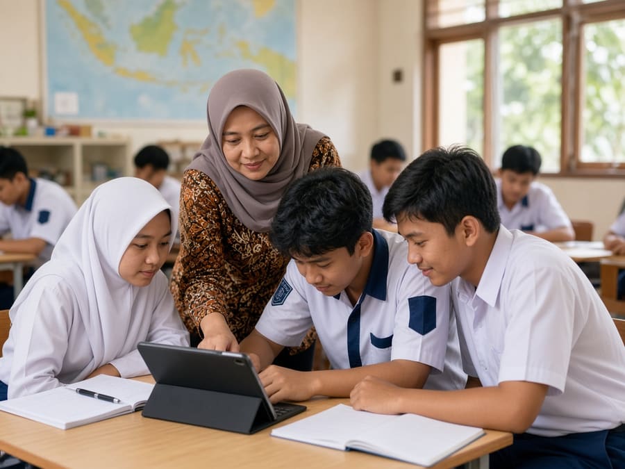 Guru membimbing siswa belajar dengan tablet