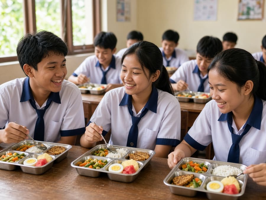 Siswa menikmati makan bergizi di kelas